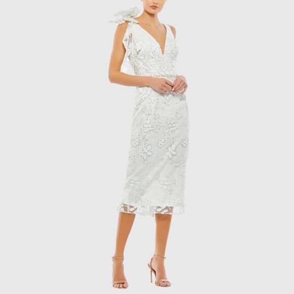 Mac Duggal White Floral Embellished V-neck Midi Dress with Shoulder Bow Sz 14 - Picture 1 of 10
